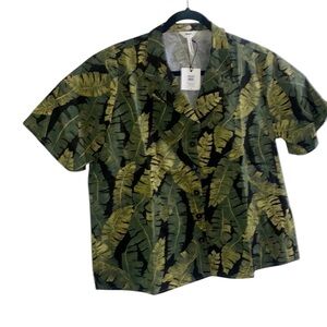 NWT Object Green Leaf Print Button Down Shirt | EU 42 | Short Sleeve Resort